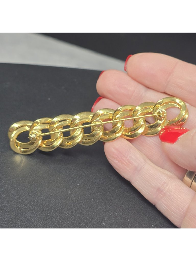 Monet Double Link Chain Bar Brooch Linear Line Yellow Gold Plated Signed Vtg — image 4 of 7